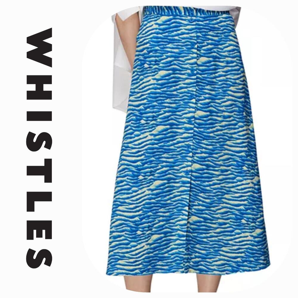 NWT Whistles Seafoam Print‎ Button Front Midi A-Line Skirt Sz. 12 Blue Multi
